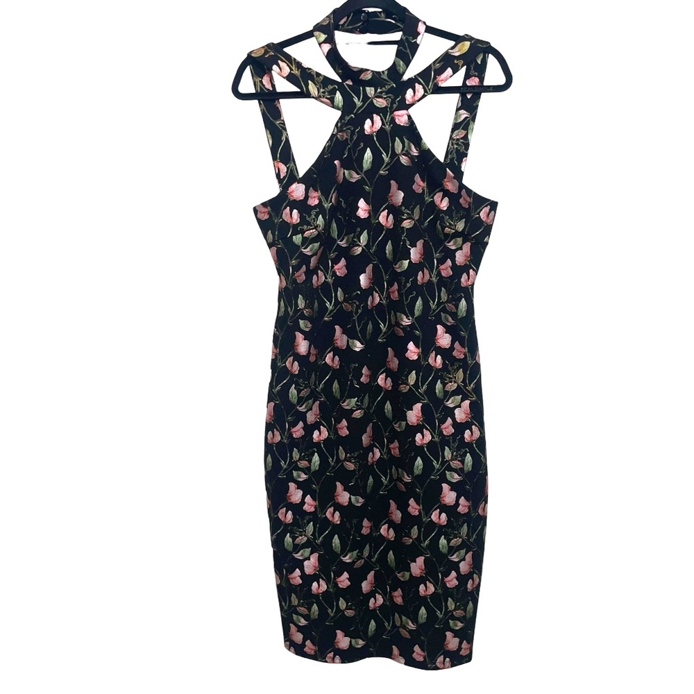 Bebe Women's Black Halter Top Dress W/ Metallic Floral Pink/Green Sz 14